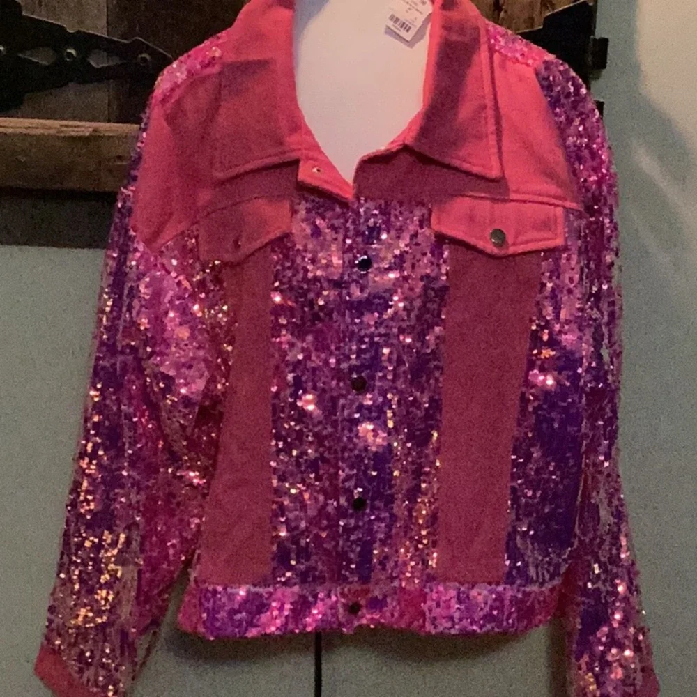 AKIRA Pink and Purple Sequin Jean Jacket - Picture 1 of 11